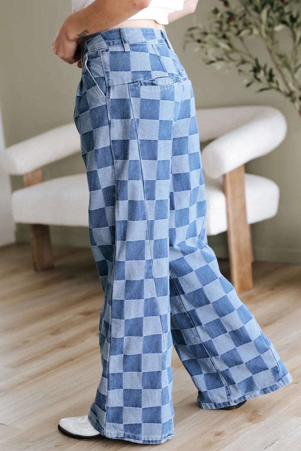 Dusk Blue Checkered Denim Wide Leg Jeans Dear-Lover Dropshipping