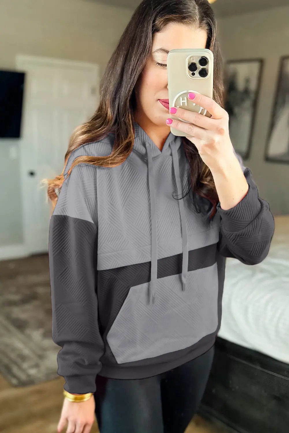 Gray Textured Color Block Kangaroo Pocket Drop Shoulder Hoodie Dear-Lover Dropshipping