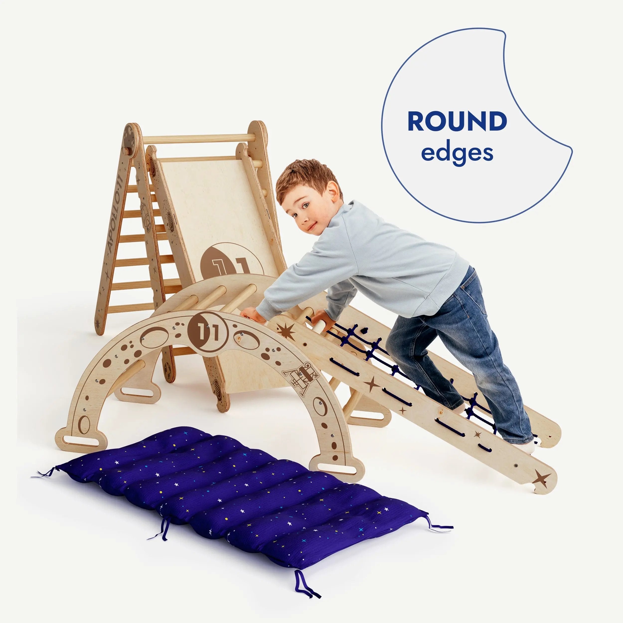 Apollo 5in1 Climbing Set:  Pikler Triangle, Net, Arch, Slide Board, and Cushion for Little Astronauts Goodevas