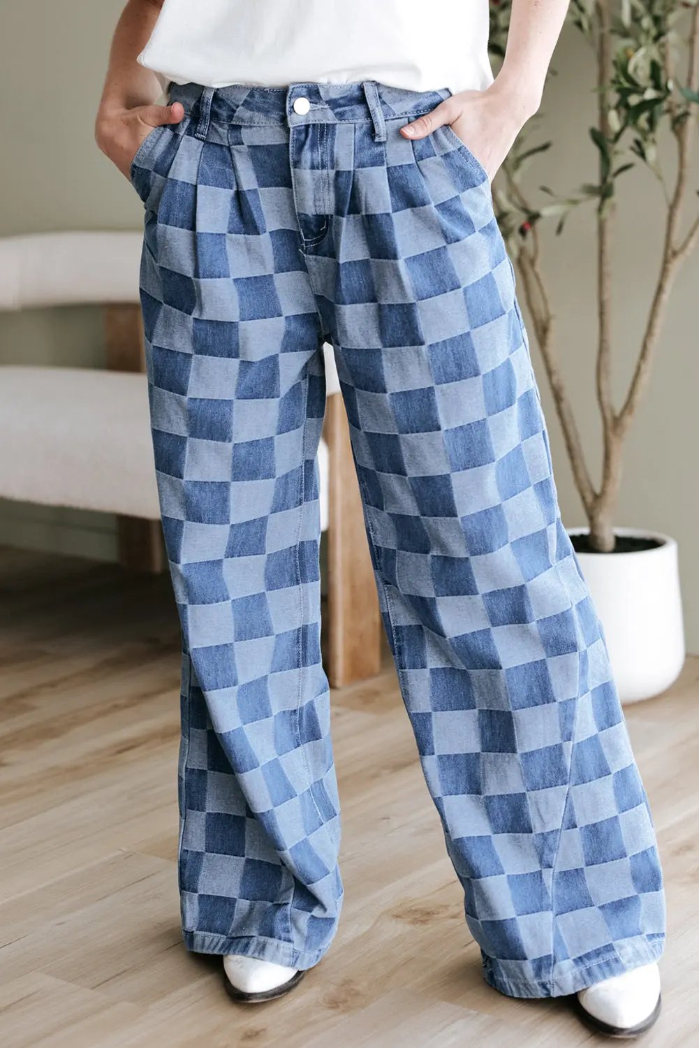 Dusk Blue Checkered Denim Wide Leg Jeans Dear-Lover Dropshipping