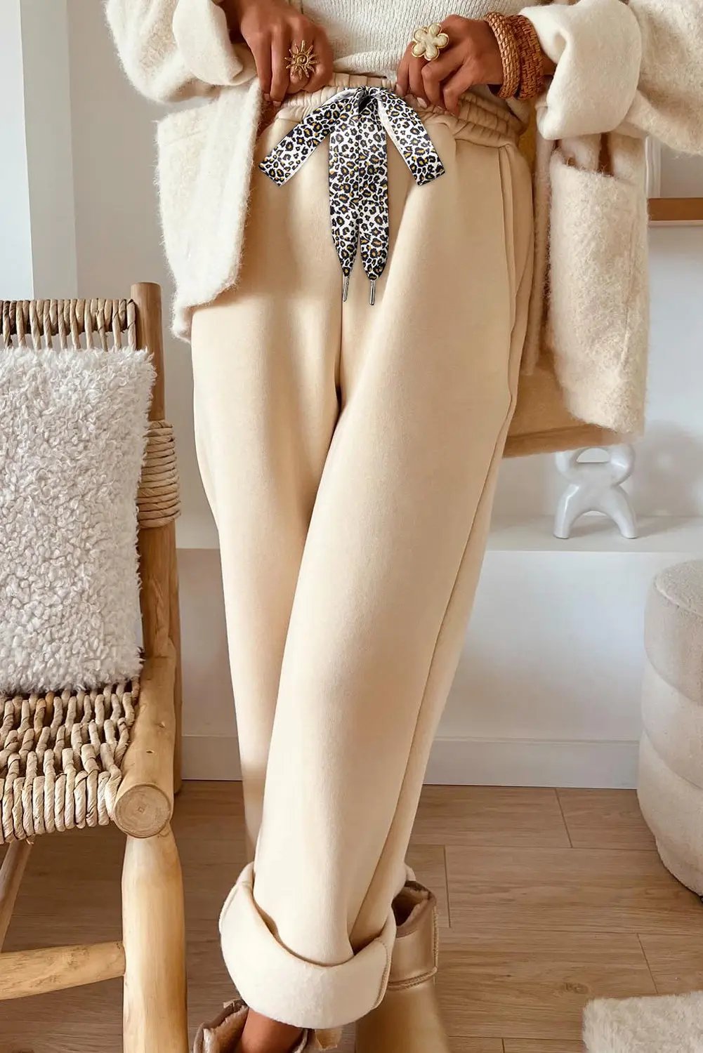 Oatmeal Fleece Lined Leopard Drawstring Elastic Waist Solid Pants Dear-Lover Dropshipping
