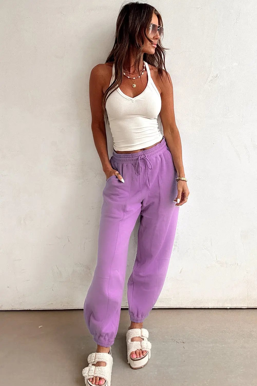 Lilac Drawstring Elastic Waistband Solid Color Jogger Pants Dear-Lover Dropshipping