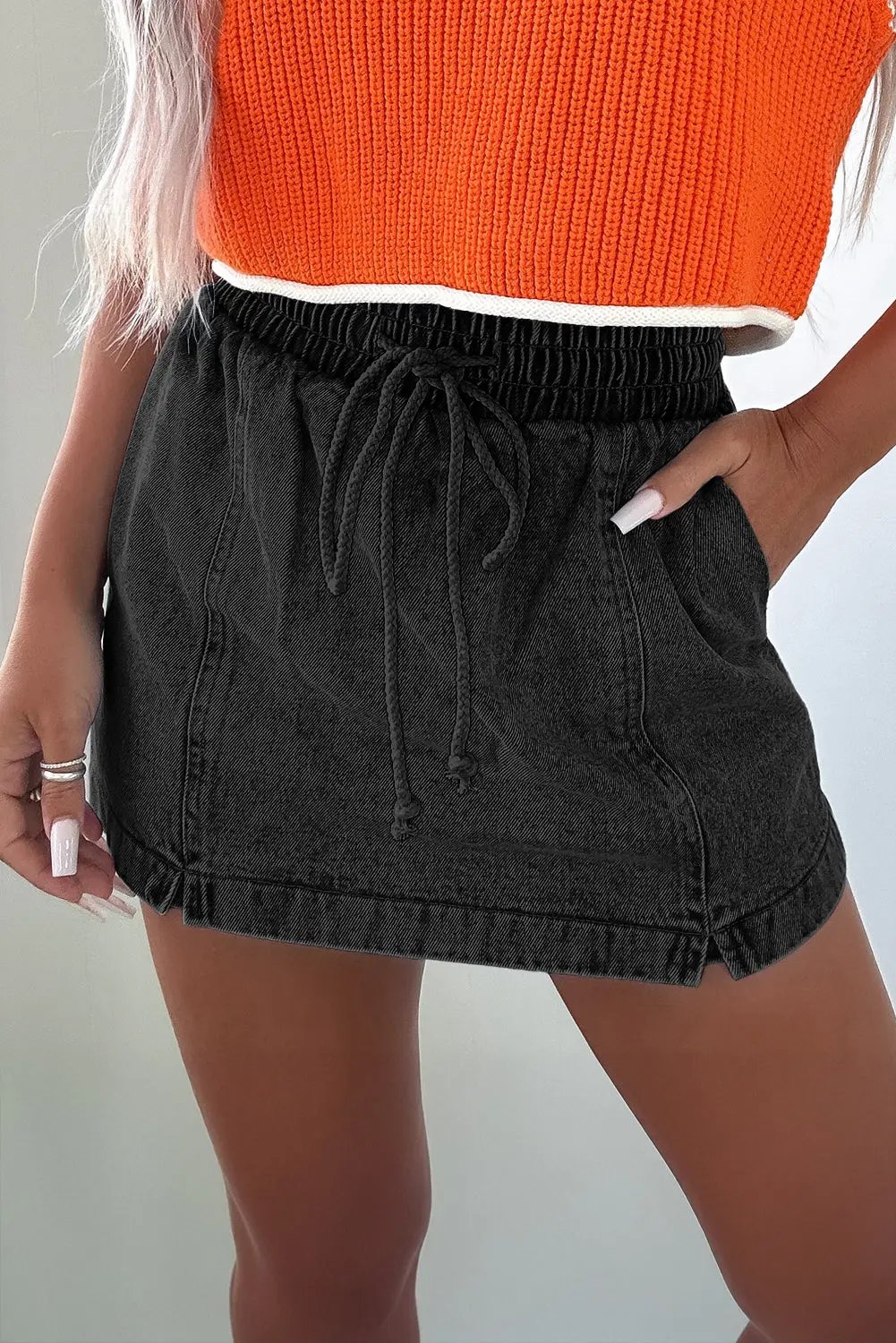 Black Drawstring Elastic Waistband Pocketed Denim Shorts Dear-Lover Dropshipping