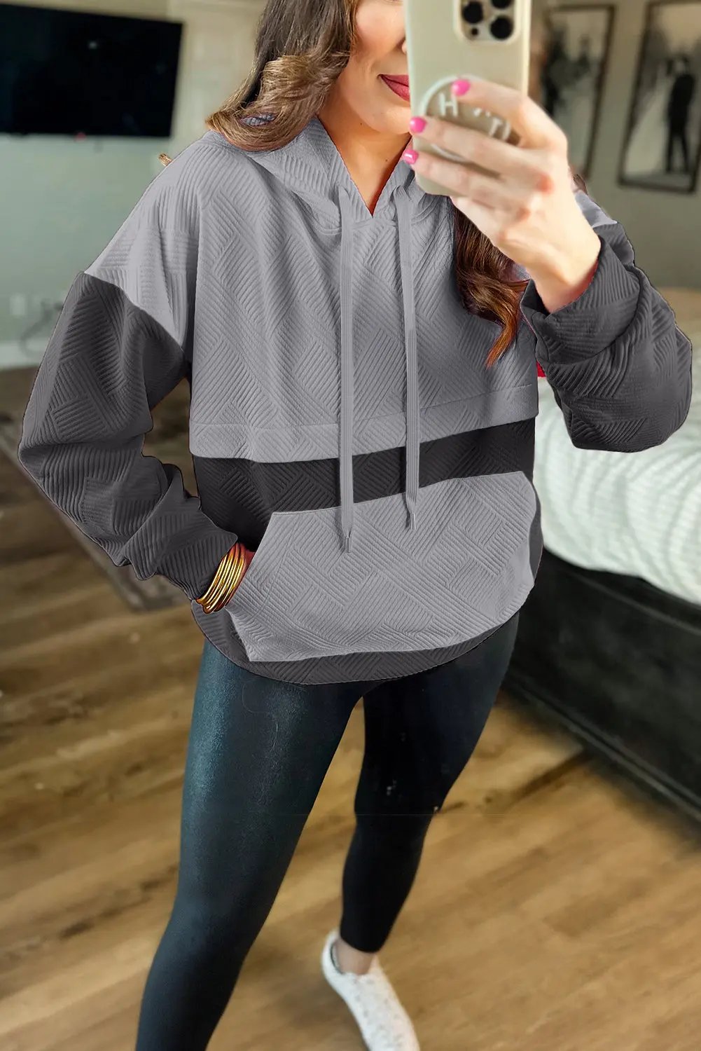Gray Textured Color Block Kangaroo Pocket Drop Shoulder Hoodie Dear-Lover Dropshipping