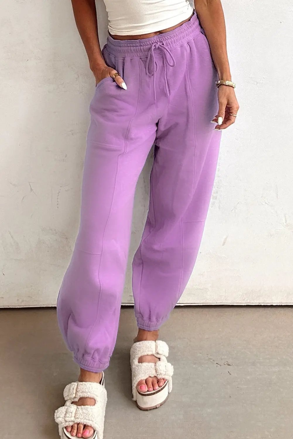 Lilac Drawstring Elastic Waistband Solid Color Jogger Pants Dear-Lover Dropshipping