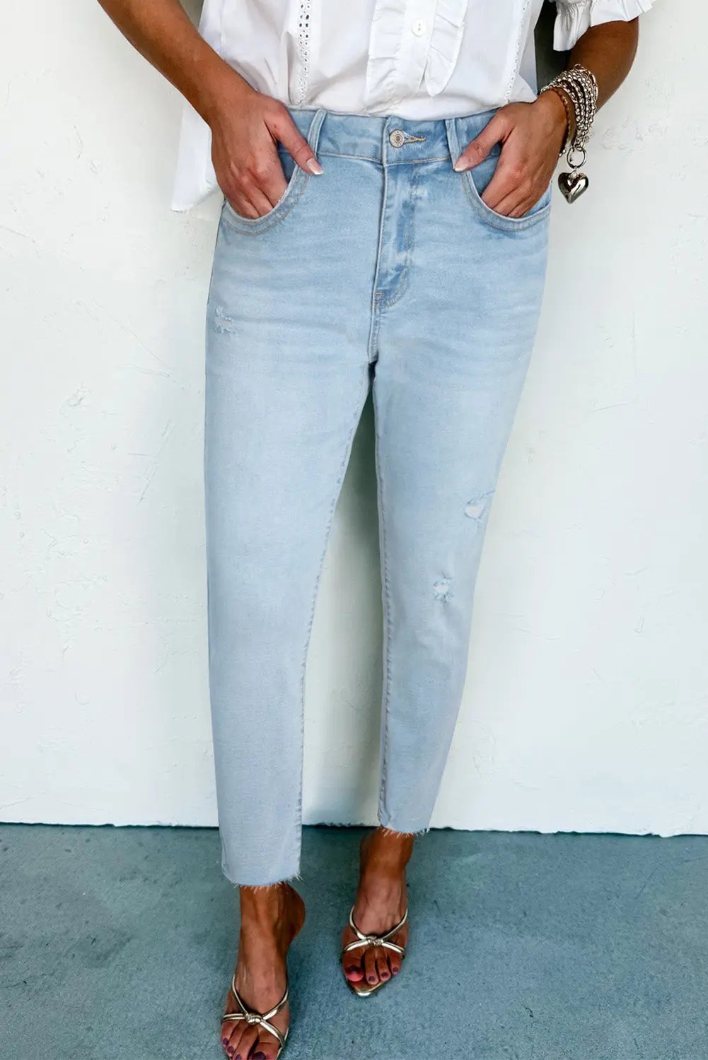 Beau Blue Mid Rise Ankle-Length Distressed Skinny Jeans Dear-Lover Dropshipping