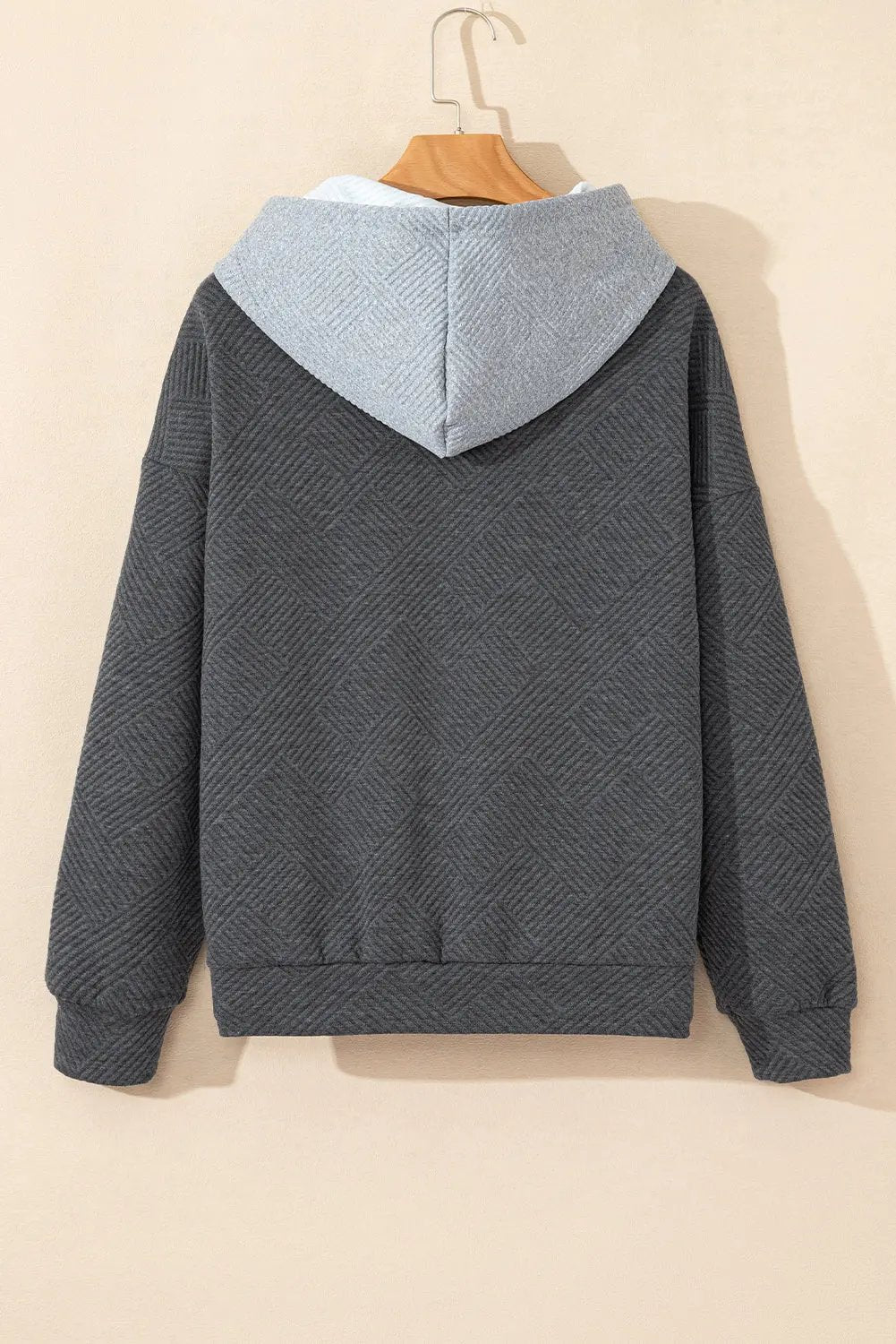 Gray Textured Color Block Kangaroo Pocket Drop Shoulder Hoodie Dear-Lover Dropshipping