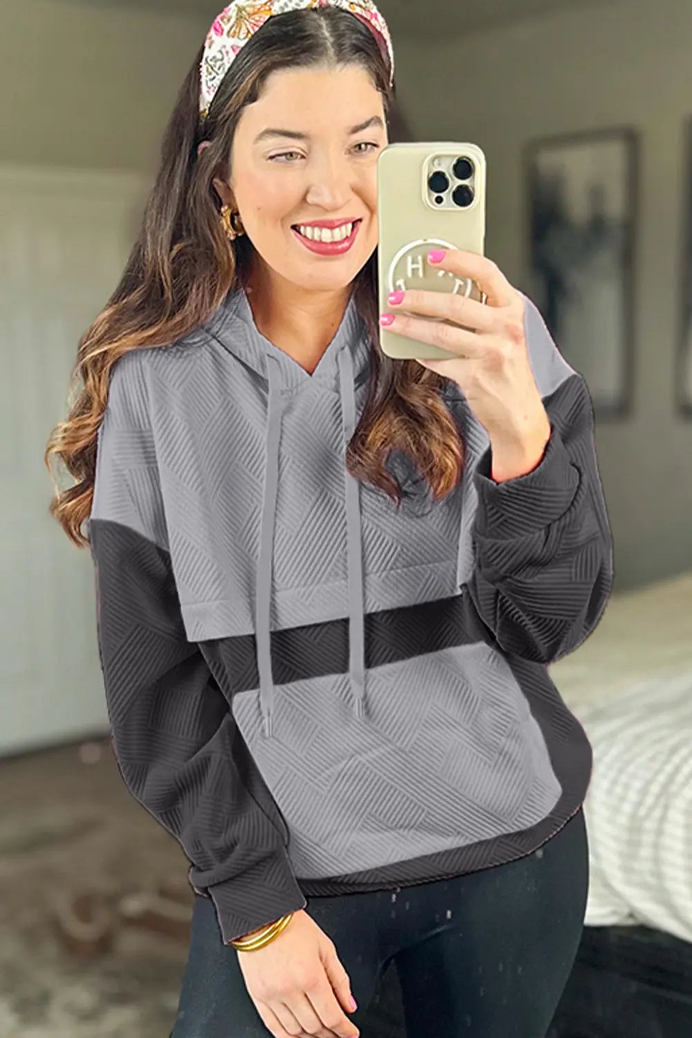 Gray Textured Color Block Kangaroo Pocket Drop Shoulder Hoodie Dear-Lover Dropshipping