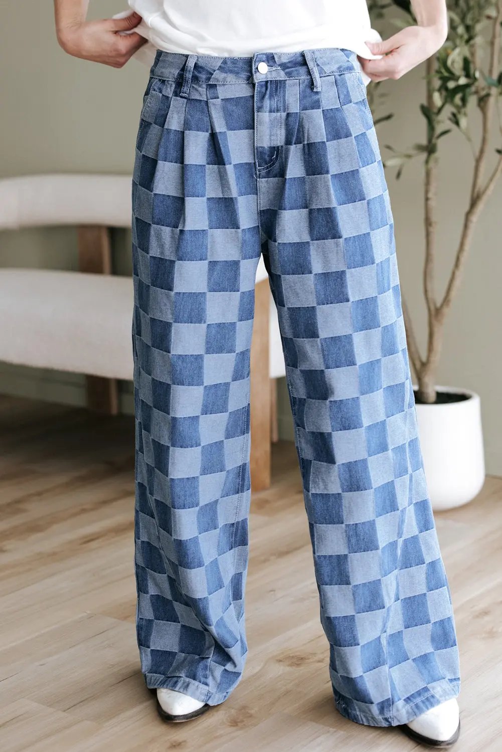Dusk Blue Checkered Denim Wide Leg Jeans Dear-Lover Dropshipping