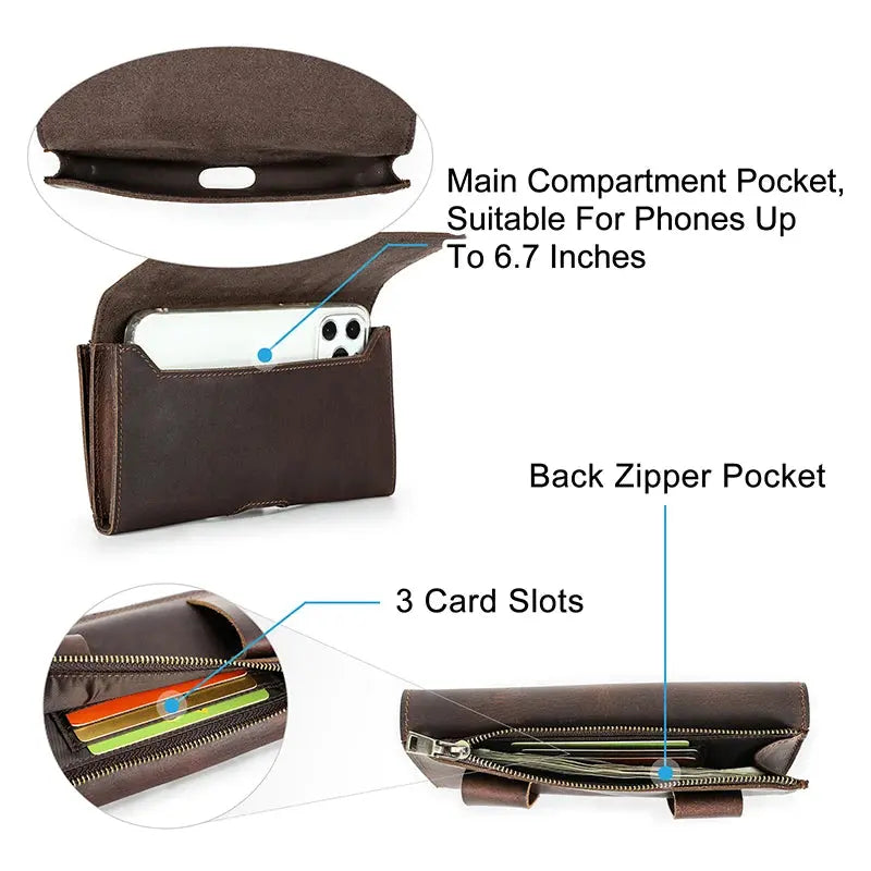 Cowhide Leather Waist Bag Phone Holder Casual  6.7'' Phone Waist Belt For iPhone Samsung Galaxy Zipper Pocket Cellphone Holster ContactS Engraving Store