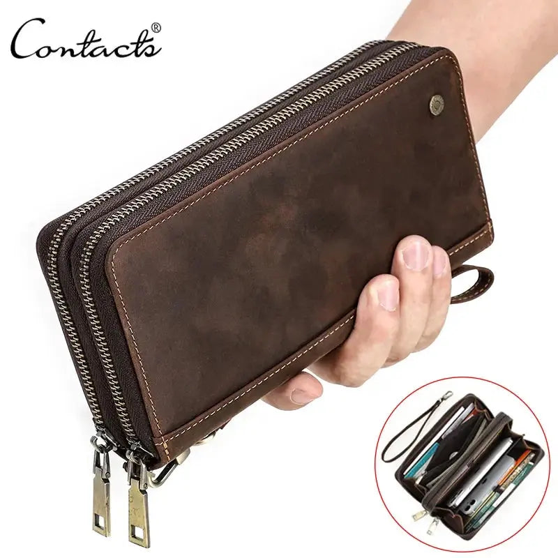Contact'S Genuine Leather Men's Wallet Clutch Bag Card Holder Long Wallets Double Zipper Large Capacity Vintage Male Purses ContactS Official Store
