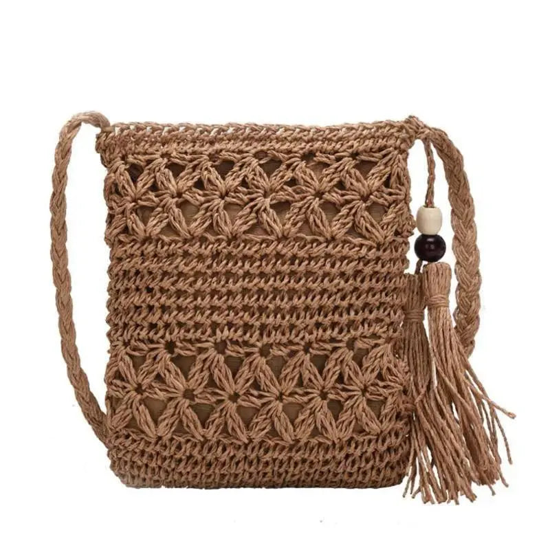 Women Beach Woven Straw Shoulder Messenger Bag with Tassel Boho Hollow Out Crochet Crossbody Handbag Macrame Clutch Purse with Glowworn Store