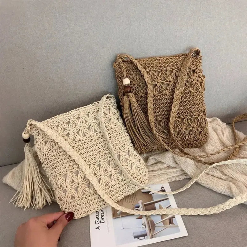 Women Beach Woven Straw Shoulder Messenger Bag with Tassel Boho Hollow Out Crochet Crossbody Handbag Macrame Clutch Purse with Glowworn Store