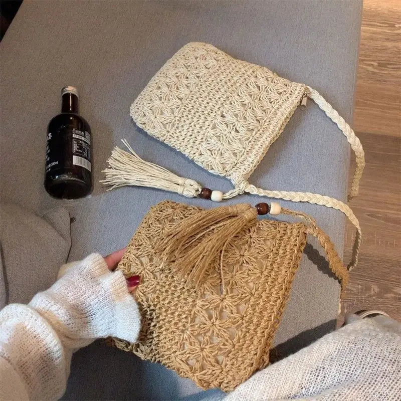 Women Beach Woven Straw Shoulder Messenger Bag with Tassel Boho Hollow Out Crochet Crossbody Handbag Macrame Clutch Purse with Glowworn Store