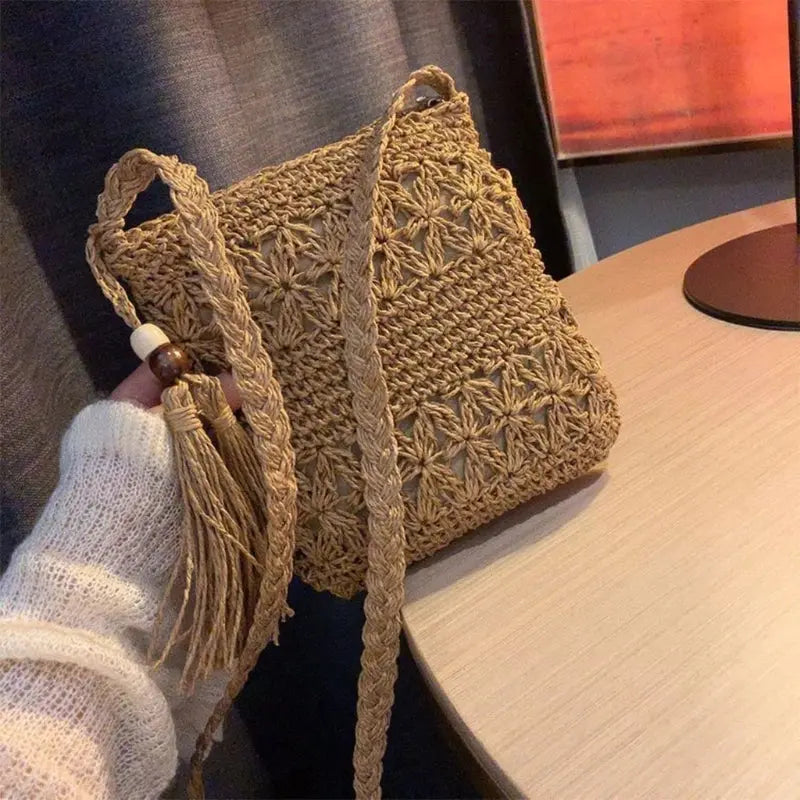 Women Beach Woven Straw Shoulder Messenger Bag with Tassel Boho Hollow Out Crochet Crossbody Handbag Macrame Clutch Purse with Glowworn Store
