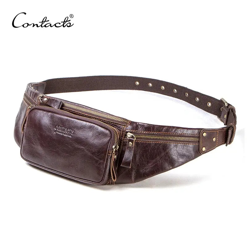 CONTACT'S Cow Leather Men Waist Bag New Casual Small Fanny Pack Male Waist Pack For Cell Phone And Credit Cards Travel Chest Bag ContactS Official Store