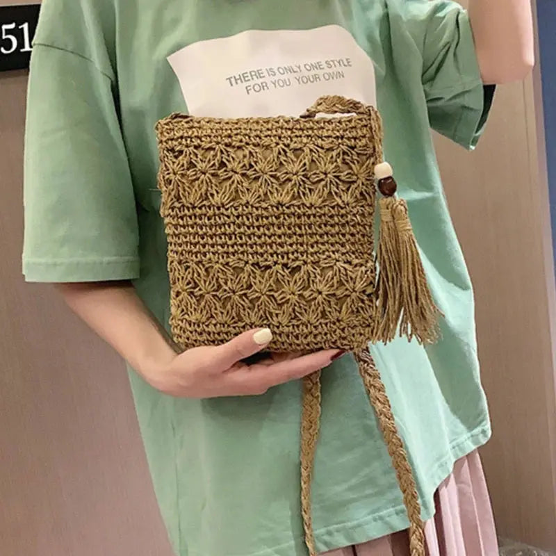 Women Beach Woven Straw Shoulder Messenger Bag with Tassel Boho Hollow Out Crochet Crossbody Handbag Macrame Clutch Purse with Glowworn Store