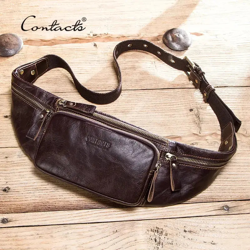 CONTACT'S Cow Leather Men Waist Bag New Casual Small Fanny Pack Male Waist Pack For Cell Phone And Credit Cards Travel Chest Bag ContactS Official Store
