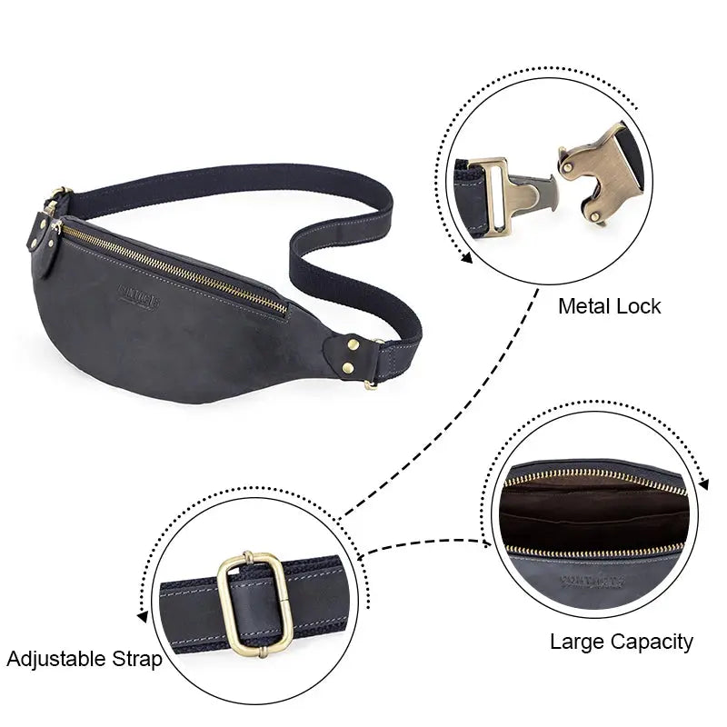 CONTACT'S 100% Crazy Horse Leather Waist Packs Travel Fanny Pack For Men Leather Waist Bag Male Belt Bag Multifunction Chest Bag ContactS Official Store