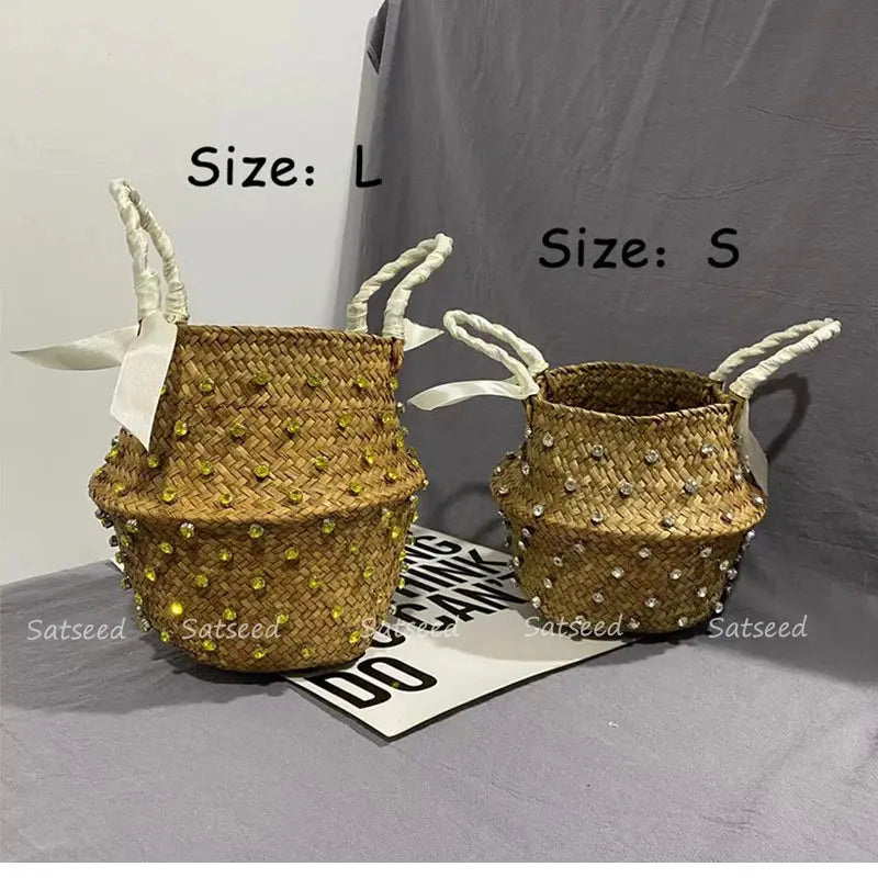 Handmade Sewing Holiday Fashion Crystal Woven Basket Diamond Tote Luxury Beach Resort Retro Handbag Bag Women Design Straw 2023 MOSITANA BAG Store
