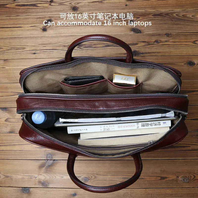 NZPJ Genuine Leather Men's Briefcase Vintage Natural Cowhide Handbag Large Capacity Crossbody Bag Casual Fashion Computer Bag NZPJ factory Store