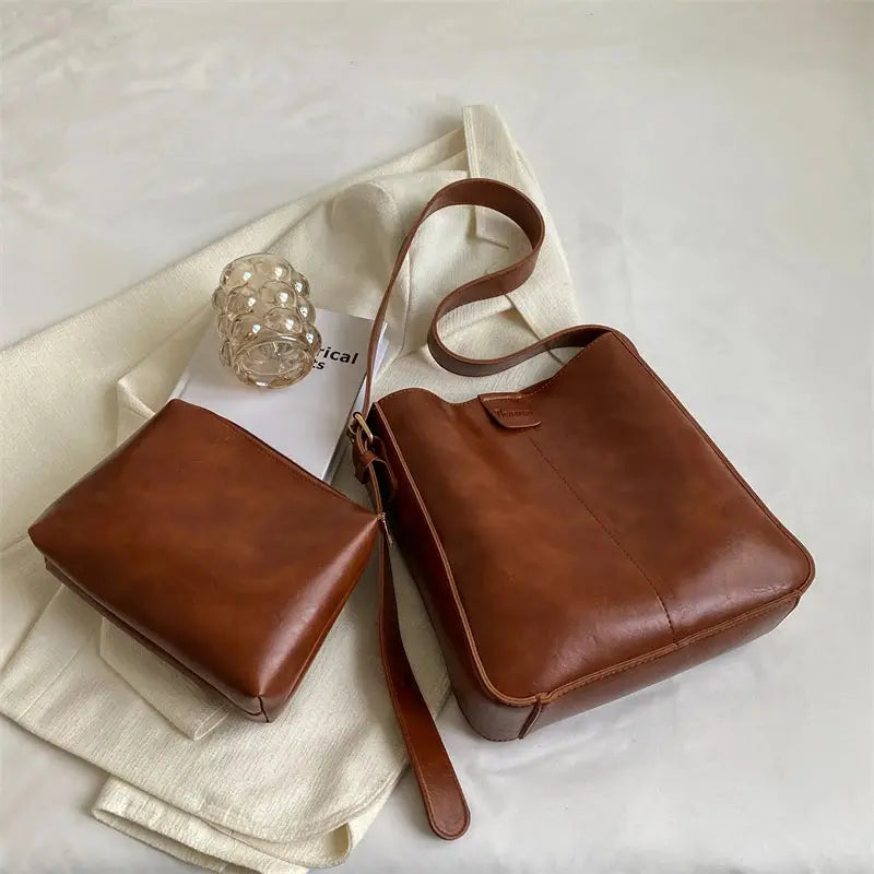 MOODS Retro Shoulder Tote Bag Set For Women Wide Strap Soft PU Leather Crossbody Bags With Small Purse Large Capacity Shoppers The Moods Boutique Store