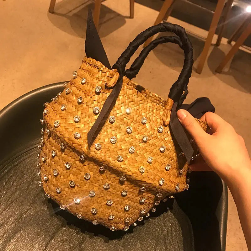 Handmade Sewing Holiday Fashion Crystal Woven Basket Diamond Tote Luxury Beach Resort Retro Handbag Bag Women Design Straw 2023 MOSITANA BAG Store