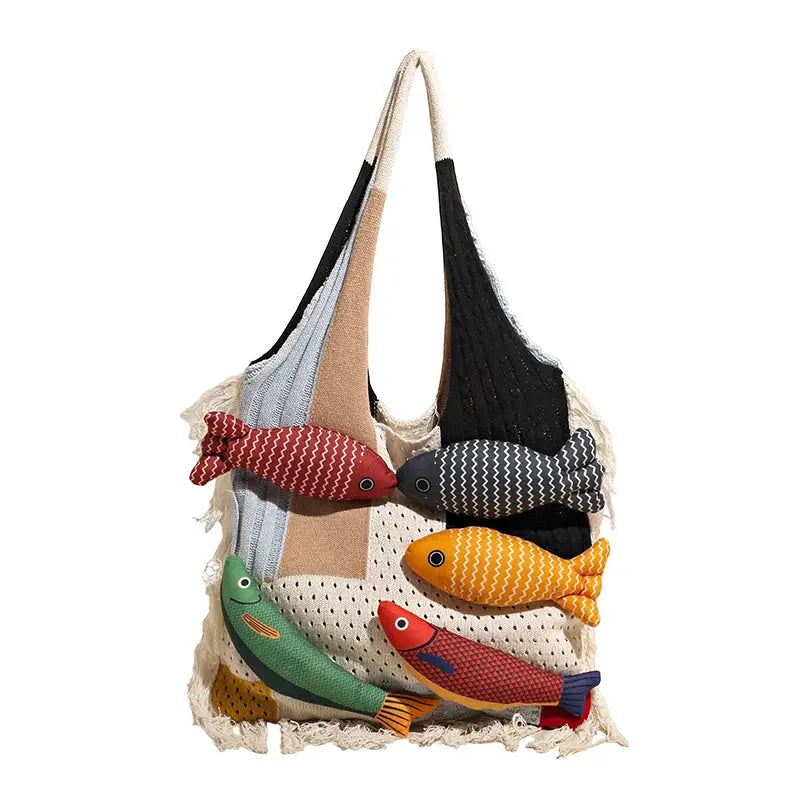 Cute Little Fish Relaxed Knitted Bag 2025 Summer New Commuter Versatile Shoulder Bag Contrasting Cut Out Tote Bag Shop1104763585 Store