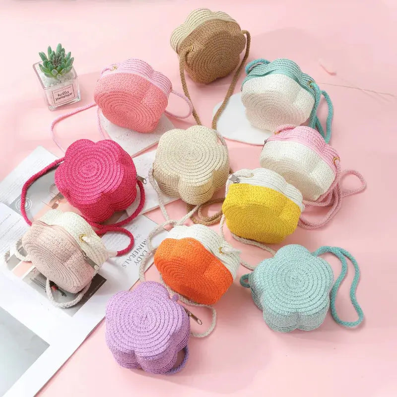 Summer Travel Children's Straw Shoulder Bags Flower Knitted Baby Girls Beach Coin Purse Seaside Cute Kids Woven Crossbody Bag CuteHana Store