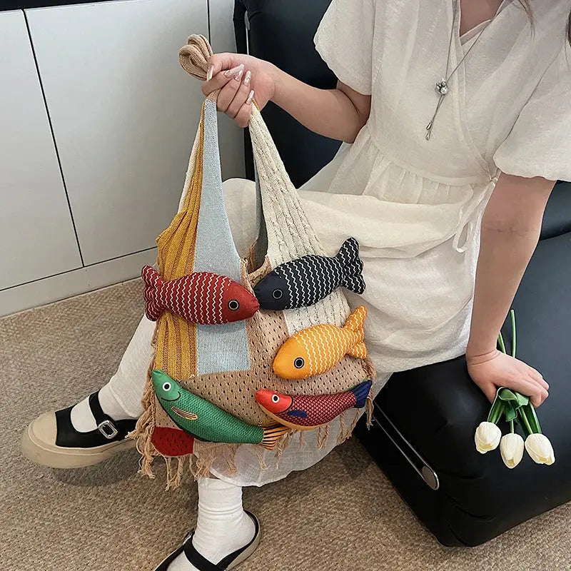 Cute Little Fish Relaxed Knitted Bag 2025 Summer New Commuter Versatile Shoulder Bag Contrasting Cut Out Tote Bag Shop1104763585 Store