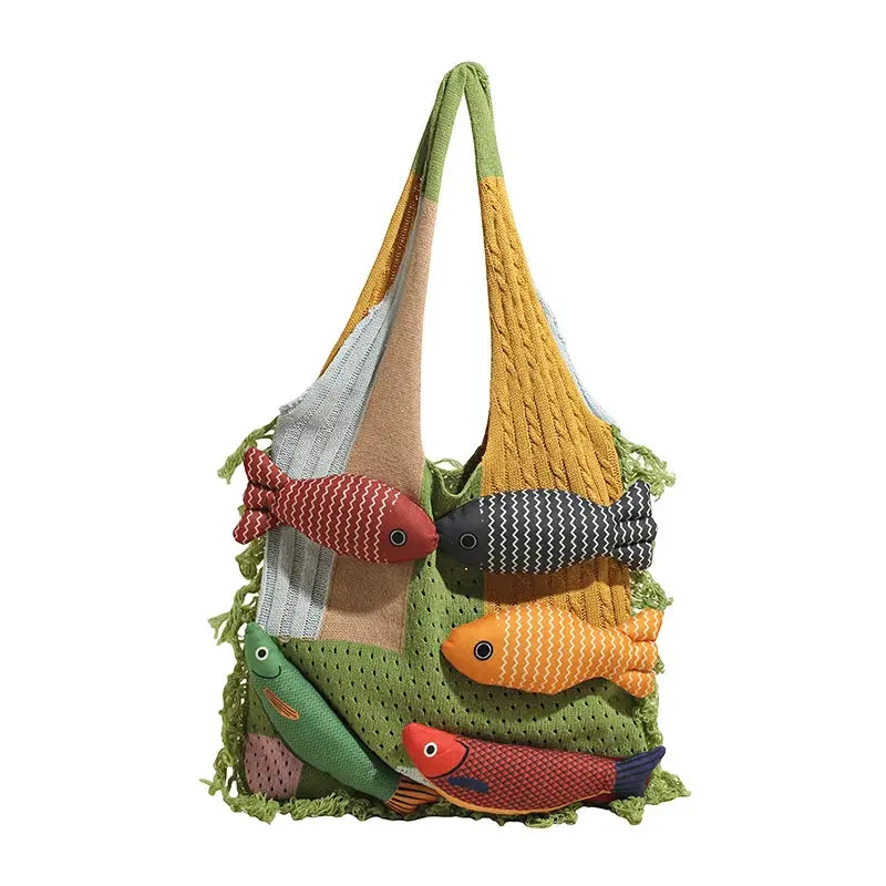 Cute Little Fish Relaxed Knitted Bag 2025 Summer New Commuter Versatile Shoulder Bag Contrasting Cut Out Tote Bag Shop1104763585 Store