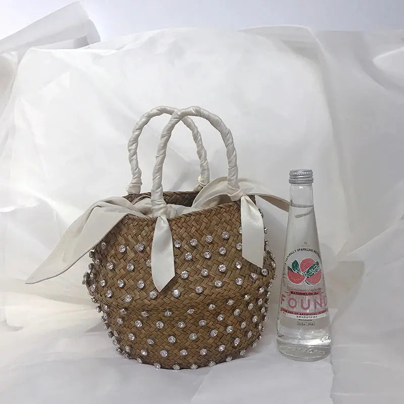 Handmade Sewing Holiday Fashion Crystal Woven Basket Diamond Tote Luxury Beach Resort Retro Handbag Bag Women Design Straw 2023 MOSITANA BAG Store