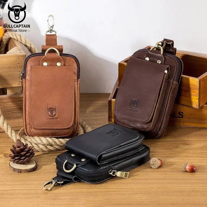 BULLCAPTAIN Fashion Quality Leather Small Summer Pouch Hook Design Waist Pack Bag Cigarette Case 6" Phone Pouch Waist Belt Bag BULLCAPTAIN Official Store