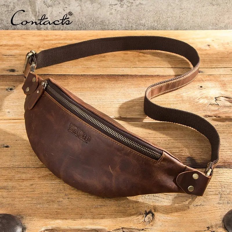 CONTACT'S 100% Crazy Horse Leather Waist Packs Travel Fanny Pack For Men Leather Waist Bag Male Belt Bag Multifunction Chest Bag ContactS Official Store