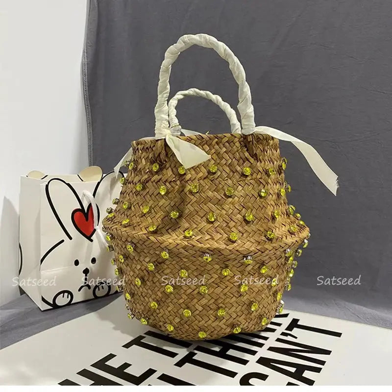 Handmade Sewing Holiday Fashion Crystal Woven Basket Diamond Tote Luxury Beach Resort Retro Handbag Bag Women Design Straw 2023 MOSITANA BAG Store