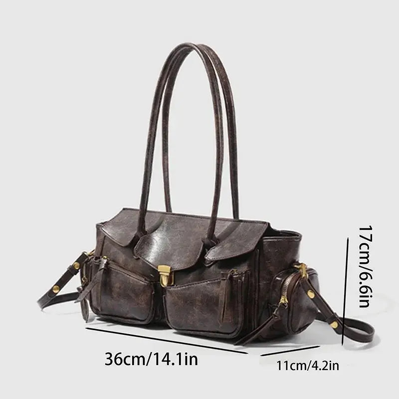 Vintage Underarm Bag For Girl Versatile Handbag Multi-pocket Motorcycle Bag Luxury Designer Handbag Spaghetti Strap Leather Bag Itsokies Travel Store