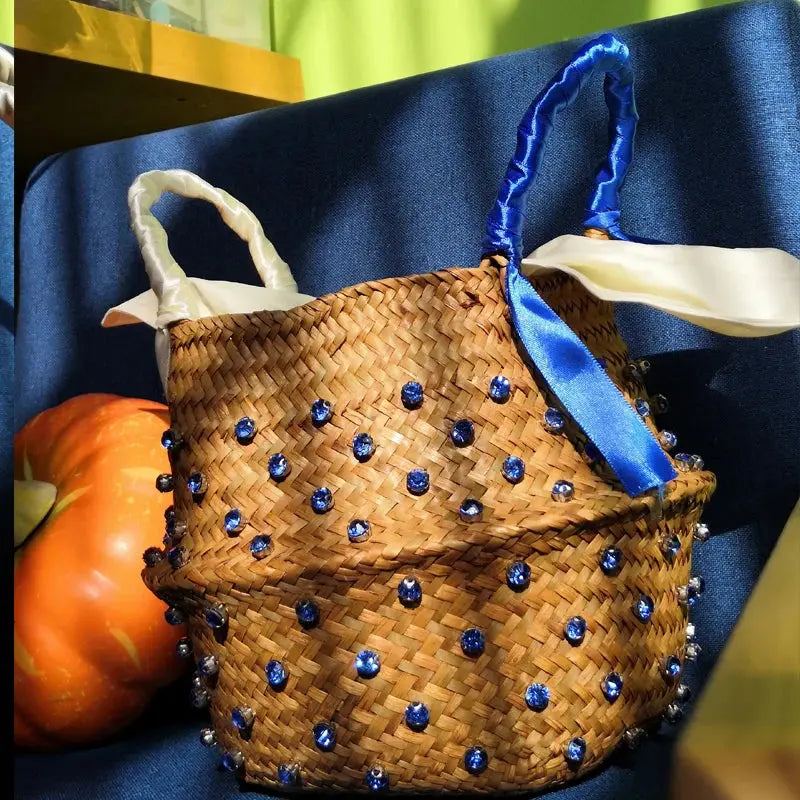 Handmade Sewing Holiday Fashion Crystal Woven Basket Diamond Tote Luxury Beach Resort Retro Handbag Bag Women Design Straw 2023 MOSITANA BAG Store