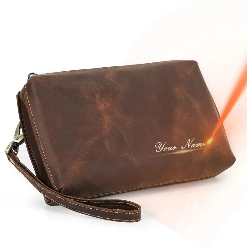 Men Clutch Bag Designer Genuine Leather Clutch Wallet Handbag Male Vintage Long Purse Zipper Card Holder Large Capacity Bolsas ContactS Engraving Store