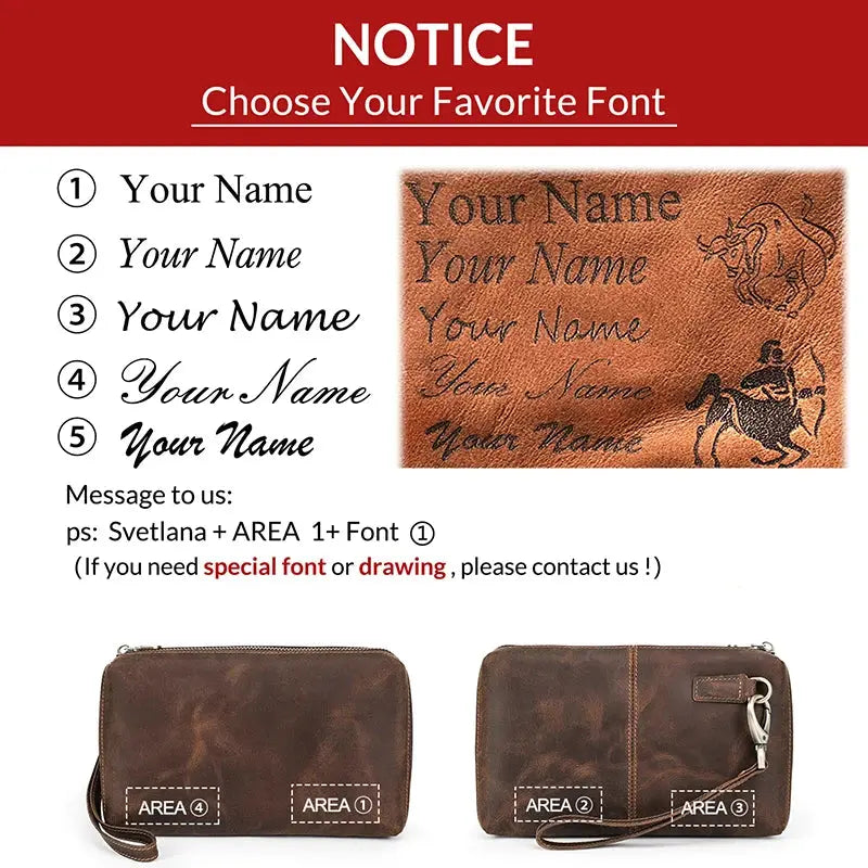 Men Clutch Bag Designer Genuine Leather Clutch Wallet Handbag Male Vintage Long Purse Zipper Card Holder Large Capacity Bolsas ContactS Engraving Store