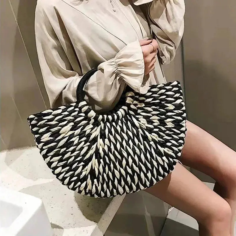 Simple All-Match Handbag Ladies 2024 New Handbags Women Round Bucket Straw Bag Korean Handmade Woven Basket Rattan Handbag Shop5836257 Store