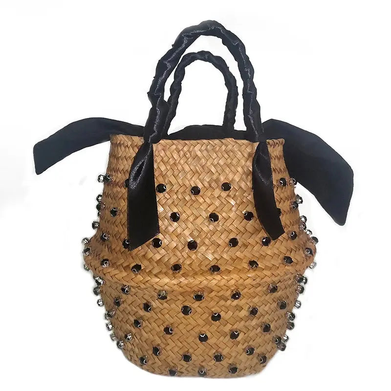 Handmade Sewing Holiday Fashion Crystal Woven Basket Diamond Tote Luxury Beach Resort Retro Handbag Bag Women Design Straw 2023 MOSITANA BAG Store