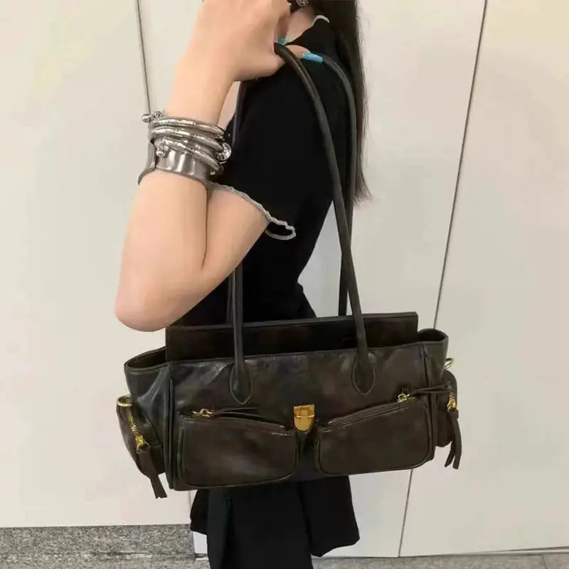 Vintage Underarm Bag For Girl Versatile Handbag Multi-pocket Motorcycle Bag Luxury Designer Handbag Spaghetti Strap Leather Bag Itsokies Travel Store