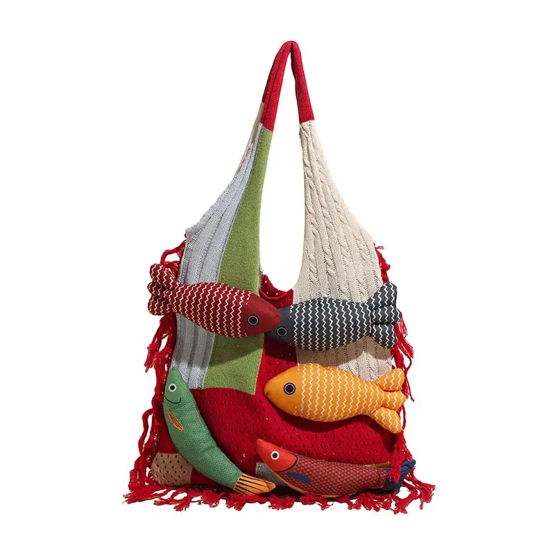 Cute Little Fish Relaxed Knitted Bag 2025 Summer New Commuter Versatile Shoulder Bag Contrasting Cut Out Tote Bag Shop1104763585 Store