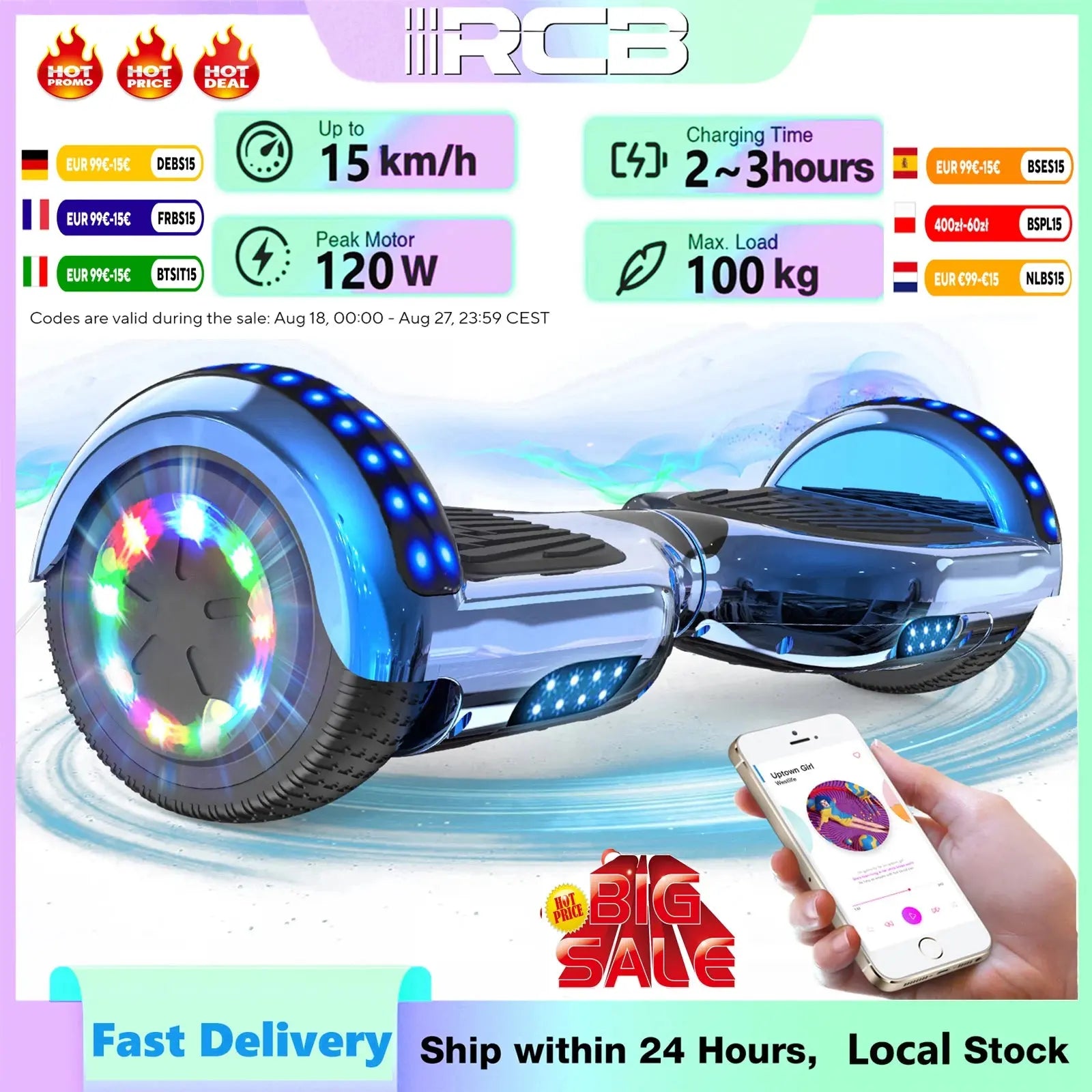 RCB Hoverboard, 6.5 Inch Two Wheel Hoverboard with Bluetooth Speaker with LED Light, Hoverboard Great Gift for Kids and Adults RCB Ship Store