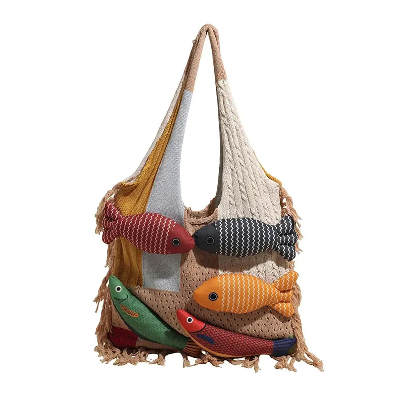 Cute Little Fish Relaxed Knitted Bag 2025 Summer New Commuter Versatile Shoulder Bag Contrasting Cut Out Tote Bag Shop1104763585 Store