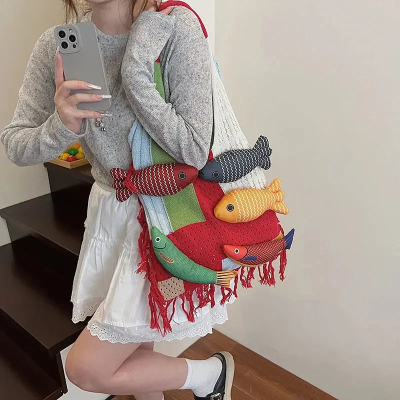 Cute Little Fish Relaxed Knitted Bag 2025 Summer New Commuter Versatile Shoulder Bag Contrasting Cut Out Tote Bag Shop1104763585 Store