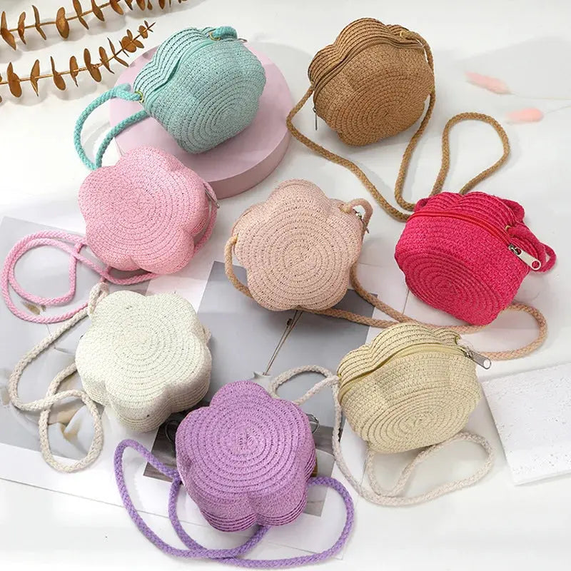 Summer Travel Children's Straw Shoulder Bags Flower Knitted Baby Girls Beach Coin Purse Seaside Cute Kids Woven Crossbody Bag CuteHana Store