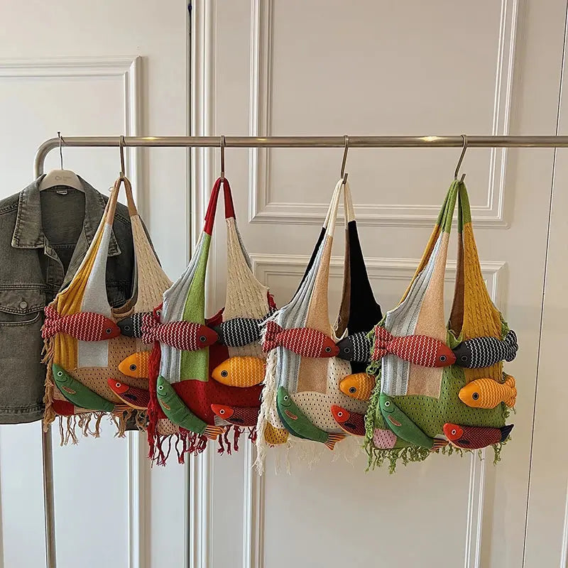 Cute Little Fish Relaxed Knitted Bag 2025 Summer New Commuter Versatile Shoulder Bag Contrasting Cut Out Tote Bag Shop1104763585 Store