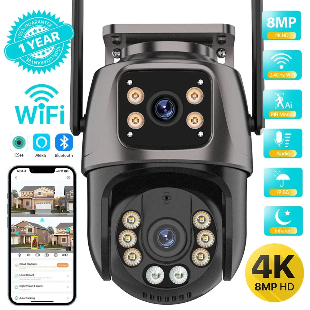 4K 8MP HD Wifi PTZ Camera Outdoor 4MP Dual Lens Dual Screen AI Auto Tracking IP Camera CCTV Audio Video Surveillance P2P iCSee UDECER Security Store