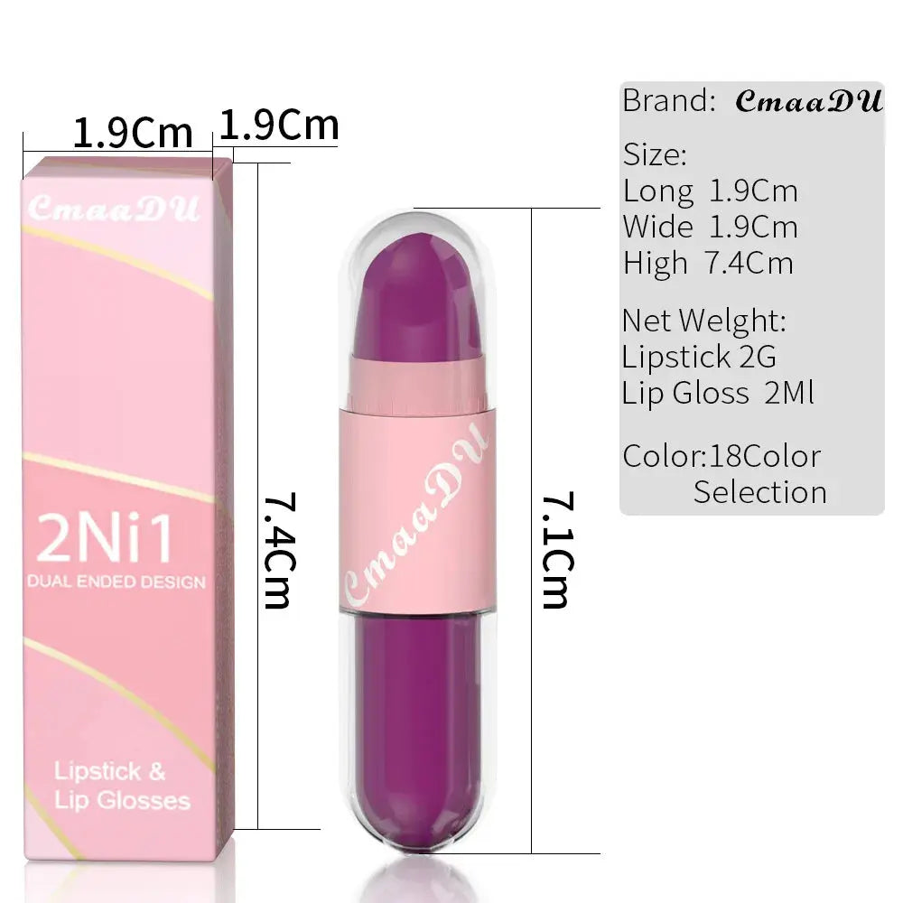 18 Colors 2 in 1 Matte Lipstick Liquid Purple Lip Glaze Double Head Lip Makeup Lasting Waterproof Velvet Sexy Dark Red Lipsticks HMEINA Store